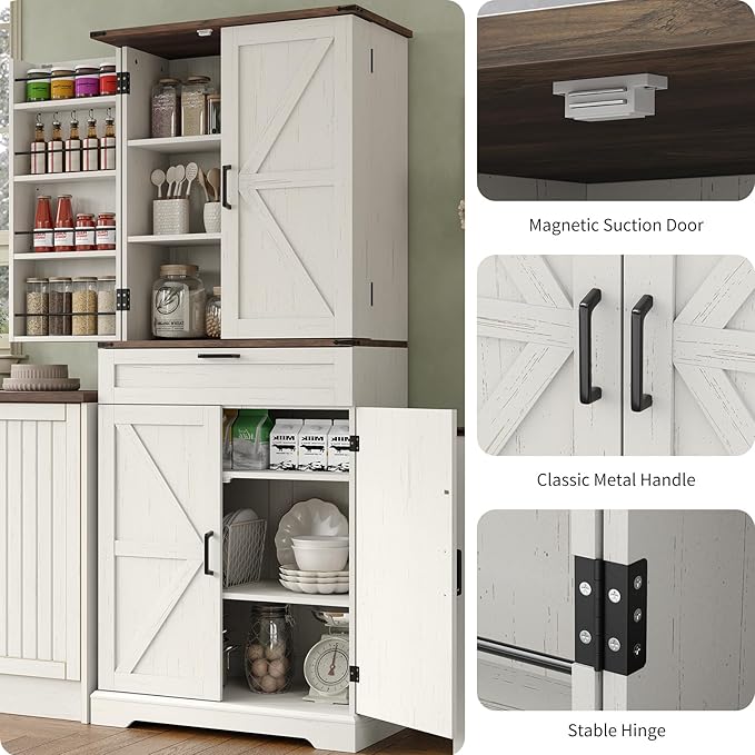 72'' Kitchen Storage Pantry Cabinet, Tall Storage Cabinet with 8 Door Shelves, 2 Cabinets and 1 Drawer, Freestanding Cupboard for Kitchen, Dining Room, Bathroom, Laundry, Off White-CasaMuseHome