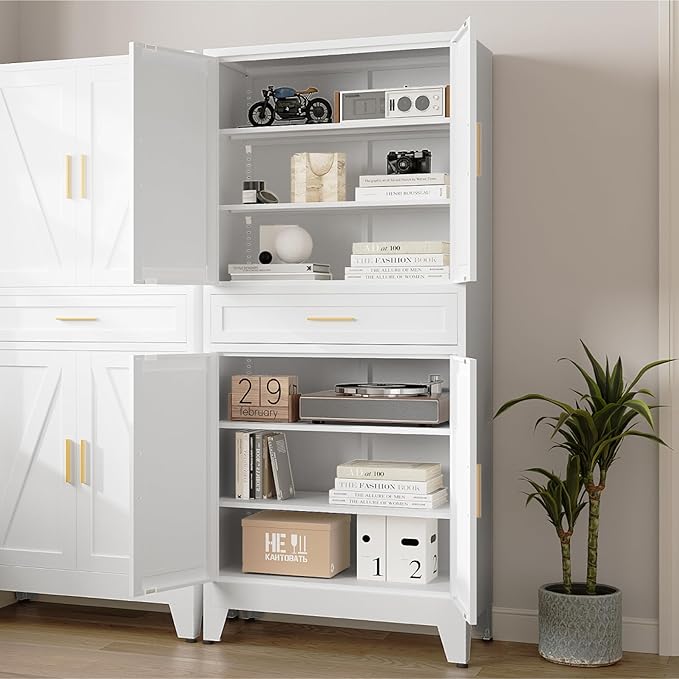 71 "Farmhouse Metal Filing Cabinet with a Drawer and 4 Adjustable Shelves, with 4 Large barn Door White Kitchen Cabinets, Metal Food Cabinets for Home, Kitchen, Dining/Living Room (White)-CasaMuseHome