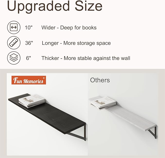 36"W x 10"D Floating Shelves, 10 Inch Deep Black Floating Shelves, Farmhouse Rustic Deep Wall Shelves for Home Decor, Wide Large Floating Shelf for Bathroom, Living Room, Kitchen, Study Room-CasaMuseHome