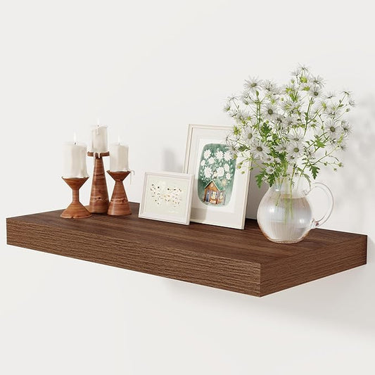 12 Inch Deep Floating Shelves, 24 x 12 Floating Shelf for Books, Rustic Wood Deep Wall Shelves for Home Storage & Display, 2" Thicked Shelves for Kitchen, Living Room, Bedroom, Walnut Color, 1 Pack-CasaMuseHome