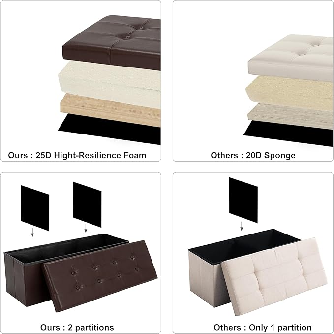 43 Inches Folding Storage Ottoman Bench, PU Leather Storage Chest, Footrest Padded Seat for Bedroom and Hallway, Holds up to 660 lbs, Brown-CasaMuseHome