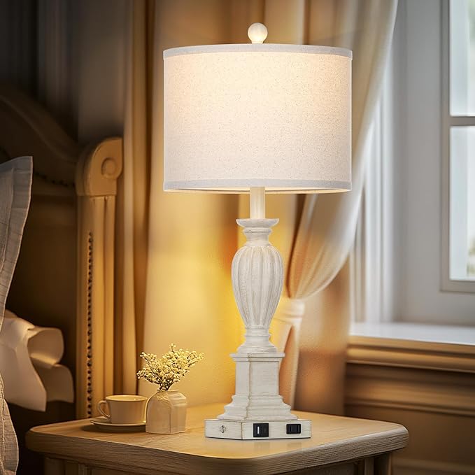 27" Farmhouse 3 Way Dimmable Touch Table Lamp Set of 2 Rustic Classic Bedside Nightstand Wood Lamps for Living Room Bedroom with USB C+A Ports Washed White (2 Bulbs Included)-CasaMuseHome
