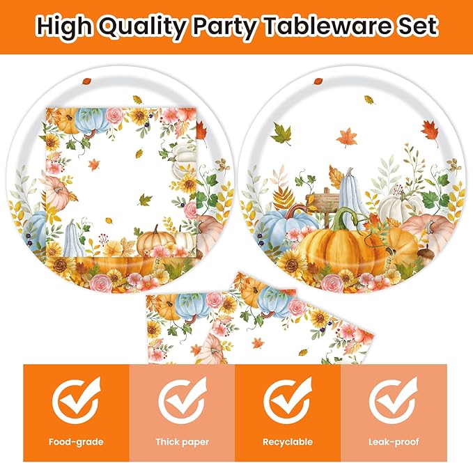 40Pcs Fall Paper Plates and Napkins Party Supplies, Disposable Thanksgiving Pumpkin Flower Wreath Plates Napkins Dinnerware Set for Autumn Theme Party Decorations (Fall)-CasaMuseHome