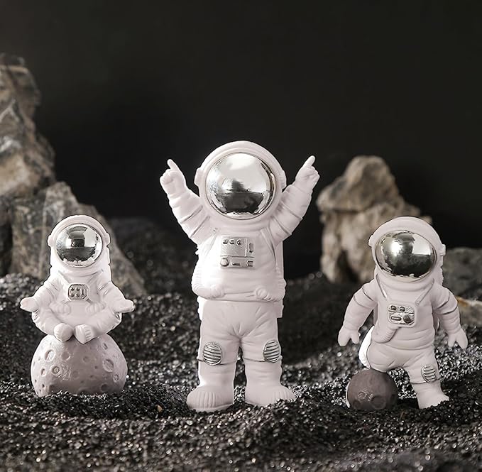 3 Pcs Silver White Astronaut Statues Set, Spaceman Sculpture Figurines Home Ornament Cake Toppers Gift-CasaMuseHome