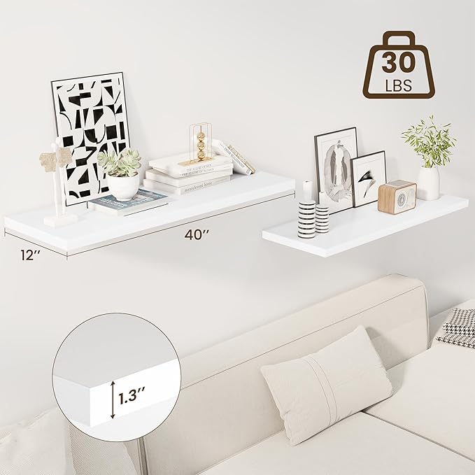 40" Floating Shelves for Wall, 12" Deep Slim White Floating Shelves, Wall-Mounted Shelves for Bedroom, Living Room, Kitchen, Bathroom - Set of 2-CasaMuseHome