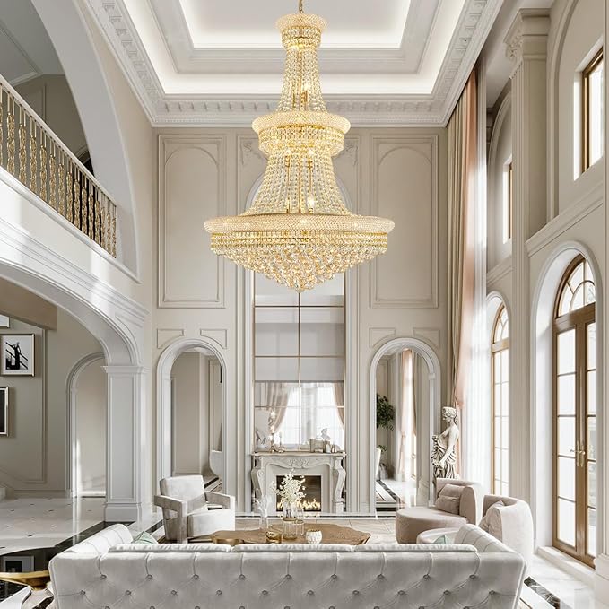 19-Lights High Ceiling Chandelier Modern Gold Crystal Chandeliers Large Foyer Chandelier Fixtures for Staircase Living Room Hallway Entryway (H47 x W31.5)-CasaMuseHome