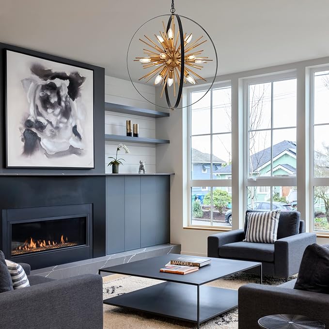 23.2'' Black Gold 12-Light Globe Sputnik Chandelier Modern Industrial Adjustable Hanging Ceiling Firework Pendant Light Fixture for Entryway Foyer Bedroom Dining Living Room Hallway-CasaMuseHome