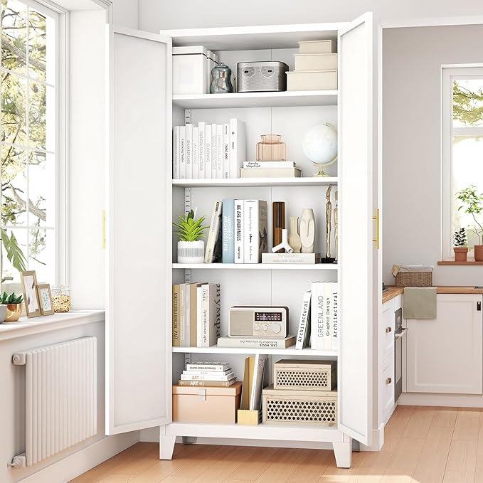 70.87" H Metal Kitchen Pantry Cabinet, Freestanding Cupboard with 2 Doors and 4 Adjustable Shelves, Tall Metal Storage Cabinet for Kitchen, Bathroom, Dinning Room or Laundry Room （White）-CasaMuseHome