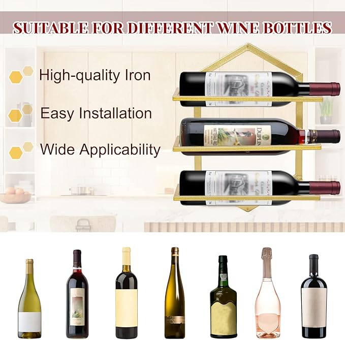 2Pcs Wall Mounted Wine Stemware Rack, Metal Hanging Wine Glass Display Holde Holds 3 Bottles, Elegant Storage for Kitchen Dining Room Bar Wine Cellar (Gold)-CasaMuseHome