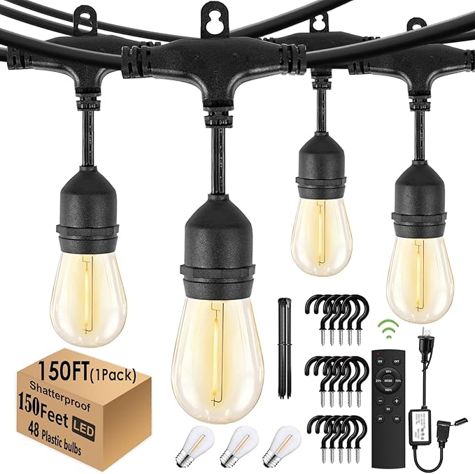 1-Pack 150 ft Outdoor String Lights with Remote Patio Lights Weatherproof, 45+3 Spare S14 Shatterproof Warm 2200K Bulbs, 3 Lighting Modes&Dimmable&Timer-CasaMuseHome