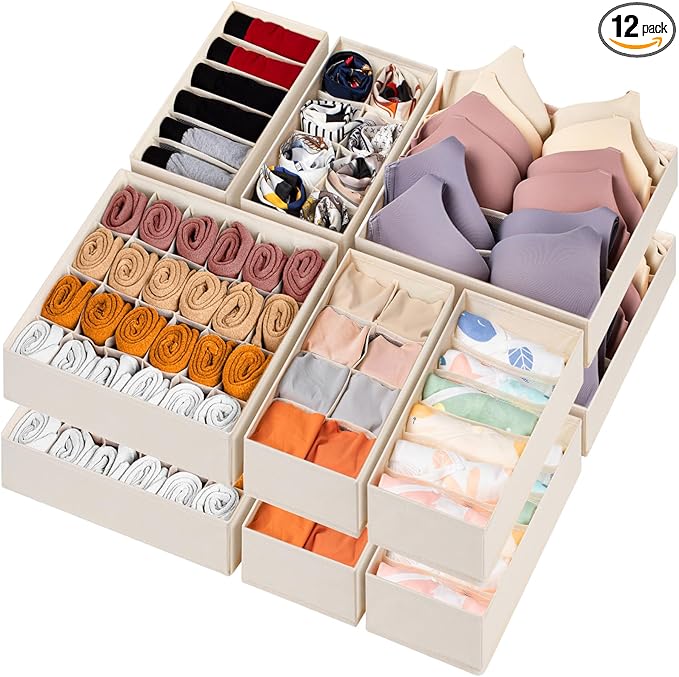 12 Pack Baby Clothes Organizer for Nursery, 116 Cells Fabric Foldable Dresser Closet Organizers and Storage Bins for Clothing, Women Men Underwear Socks, Bra, Ties, Scarf, Belt, Hair Accessories-CasaMuseHome