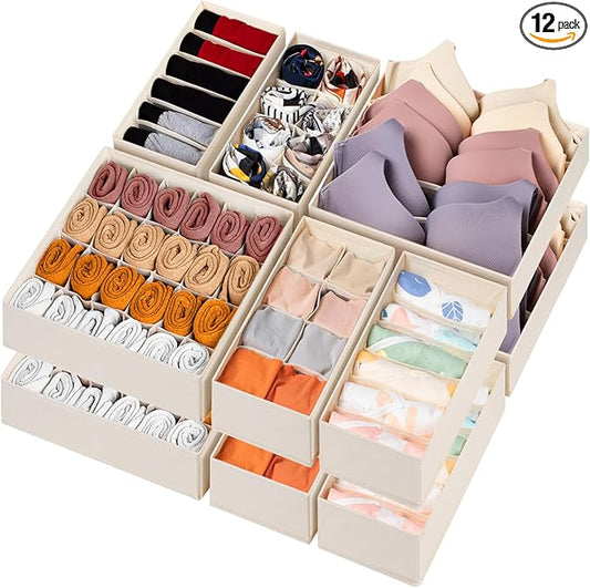 12 Pack Baby Clothes Organizer for Nursery, 116 Cells Fabric Foldable Dresser Closet Organizers and Storage Bins for Clothing, Women Men Underwear Socks, Bra, Ties, Scarf, Belt, Hair Accessories-CasaMuseHome