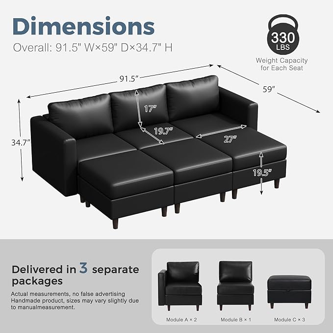 91.5" Luxury Modular Sleeper Sofa Bed with Storage Seat, 6 Seat Sectional Couch Deep Seat with Reversible Chaises & Removable Cover for Living Room - Faux Leather Black-CasaMuseHome