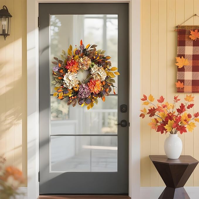 24Inch Fall Wreaths for Front Door,Fall Wreath with Beige Hydrangea,Orange Dahlia Artificial Flowers,Pumpkins,Autumn Wreaths for Harvest Thanksgiving Halloween Indoor Outdoor Home Decor-CasaMuseHome