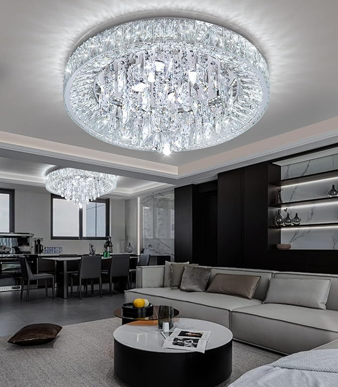 23.6'' Modern Crystal Chandeliers LED Dimmable Flush Mount Ceiling Chandeliers for Living Room Entrance Foyer Bedroom Silver-CasaMuseHome