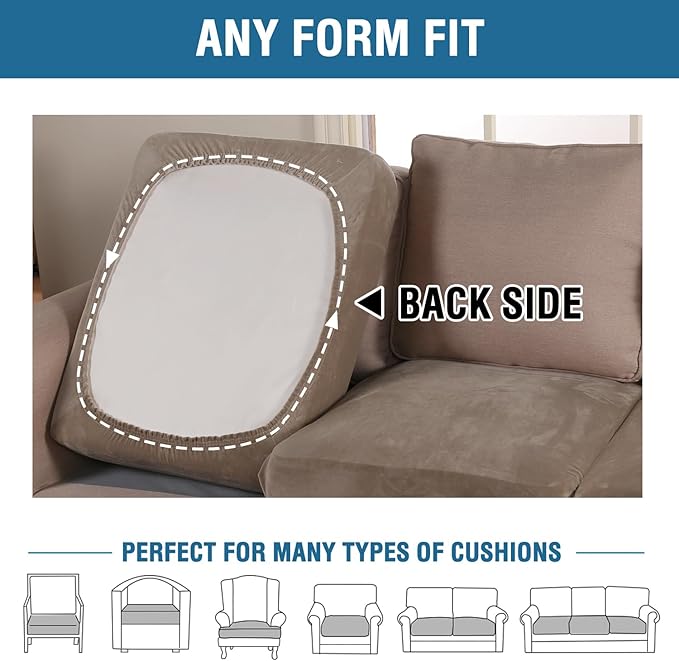 H.VERSAILTEX Velvet Stretch Couch Cushion Cover Plush Cushion Slipcover for Chair Cushion Furniture Protector Seat Cushion Sofa Cover (1 Piece Armchair Cushion Covers, Mocha)-CasaMuseHome