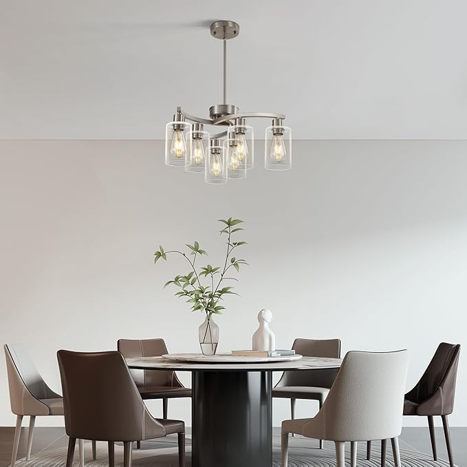 6 Light Modern Brushed Nickel Pendant Light Fixture For Dining Room，Contemporary Kitchen Light Fixtures Brushed Nickel，Adjustable Height Farmhouse Dining Chandeliers Over Table，With Glass Shade-CasaMuseHome