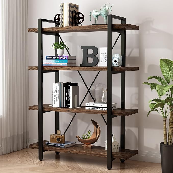 4 Tier Bookshelf Solid Wood Bookcase and Book Shelves Wood and Metal Shelving Rustic Open Bookshelf Office,Distressed Brown (AY-02-4Tier)-CasaMuseHome