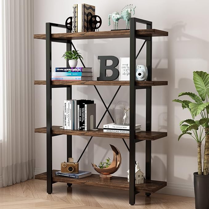 4 Tier Bookshelf Solid Wood Bookcase and Book Shelves Wood and Metal Shelving Rustic Open Bookshelf Office,Distressed Brown (AY-02-4Tier)-CasaMuseHome