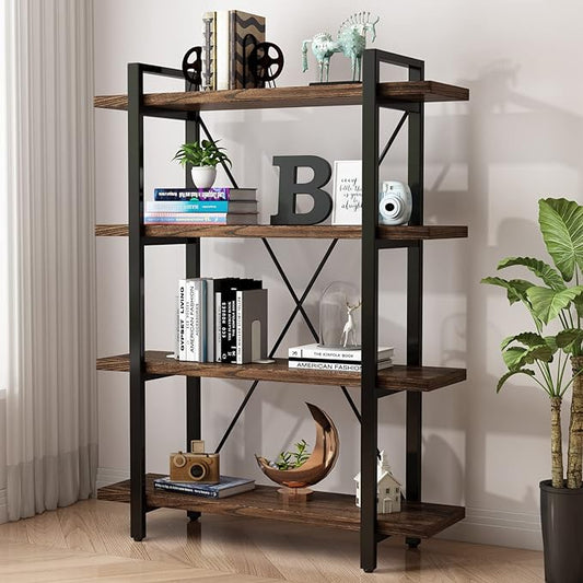 4 Tier Bookshelf Solid Wood Bookcase and Book Shelves Wood and Metal Shelving Rustic Open Bookshelf Office,Distressed Brown (AY-02-4Tier)-CasaMuseHome