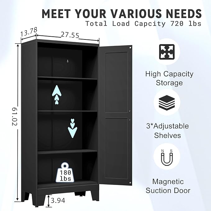 61.02" Kitchen Pantry Cabinet, Pantry Storage Cabinet with 2 Doors and Adjustable Shelves, Black Food Storage for Kitchen, Living Room, Bedroom and Dining Room (Black) Metal Sideboard-CasaMuseHome