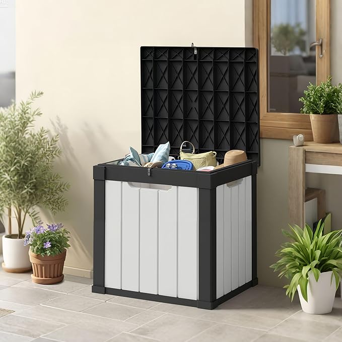 50 Gallon Storage Box, Waterproof Deck Box for Indoor & Outdoor Use, Lockable Pool Storage Bin for Package Delivery, Outdoor Bench for Patio Cushions, Garden Tools, Backyard, Black & White-CasaMuseHome