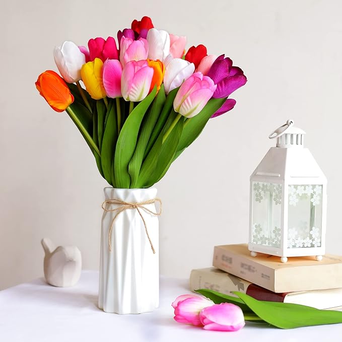 27pcs Colorful Artificial Flowers Tulips, Tulips with 1pc Plastic Vase, Fake Flowers Real Touch Flower 13.9", Christmas, Mother's Day, Easter, Valentine's Day, Family Kitchen, Wedding Decorations-CasaMuseHome