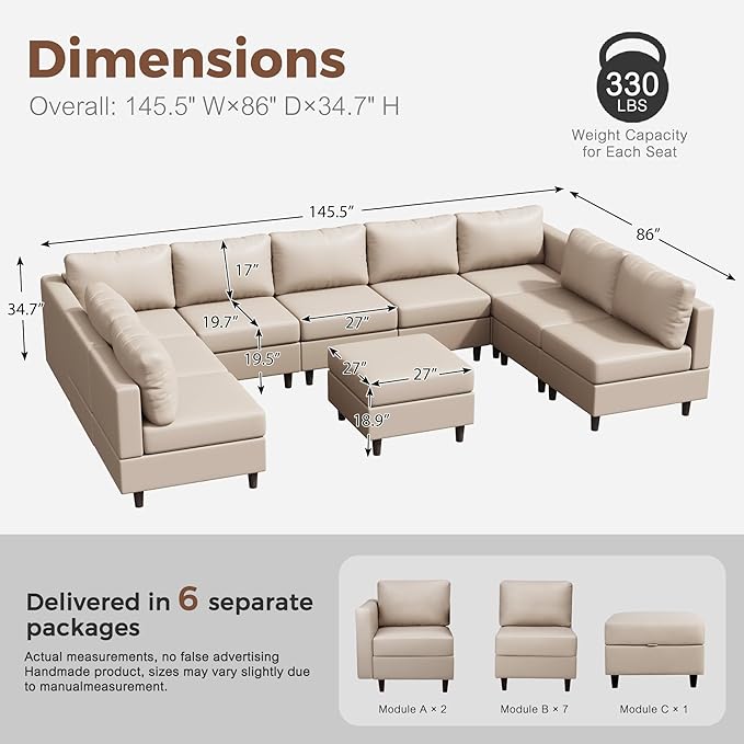 ABCASA Oversized 145.5" Faux Leather Modular Sectional Sofa, Modern Large 10 Seater U Shaped Couch with Storage Seat with Reversible Chaise Deep Seat for Living Room DIY Combination - Whitesand-CasaMuseHome
