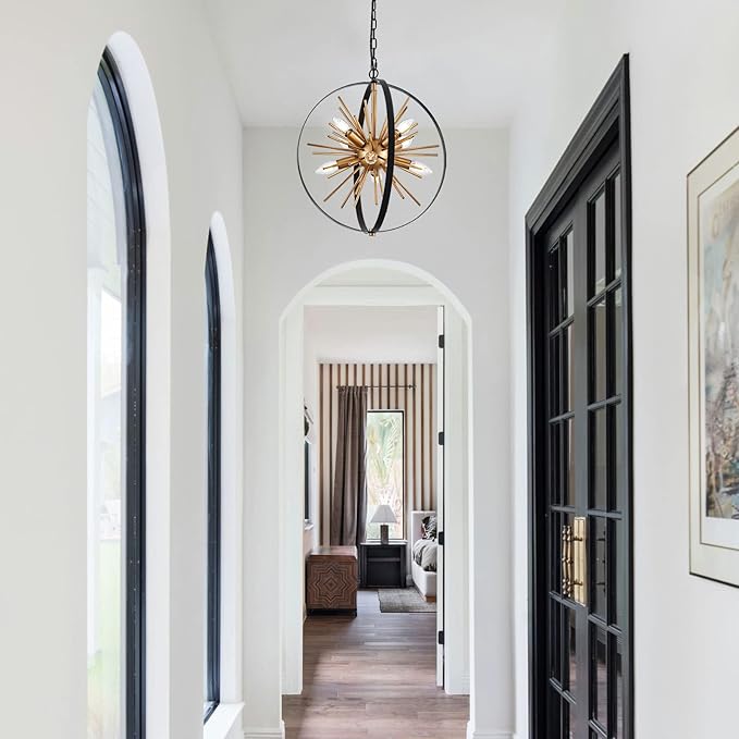 17.72'' Black Gold 8-Light Globe Sputnik Chandelier Modern Industrial Adjustable Hanging Ceiling Firework Pendant Light Fixture for Entryway Stairway Kitchen Dining Living Room Hallway-CasaMuseHome