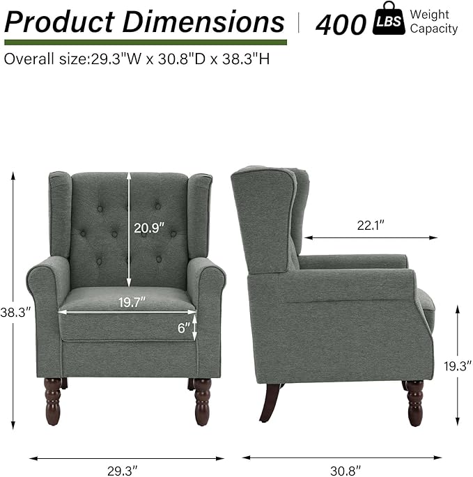 Accent Chair, Upholstered Armchair with Button Tufted High Back & Solid Wood Legs, Comfy Wingback Reading Single Sofa Chair for Small Spaces, Living Room, Bedroom (Grey, Set of 2)-CasaMuseHome