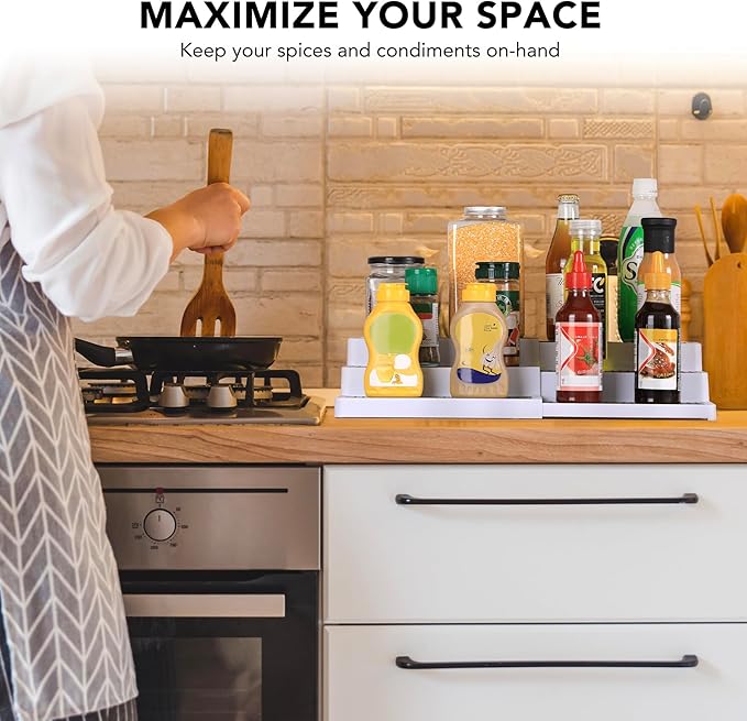 3-Tier Expandable Spice Rack, Plastic Spice Rack Organizer for Cabinet, Adjustable Length, Non-Skid Spice Shelf Organizer for Kitchen Cabinet, Countertop or Pantry, 2 Pack, White/Grey-CasaMuseHome