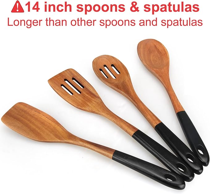 14 Inch Large Wooden Spoons for Cooking Utensils Set Acacia Wood Spatula Slotted Spoon Best Non Toxic Kitchen Utensil Long Mixing Spoon Spatulas Turner Stirring Serving Spoons Kitchen Use Tools-CasaMuseHome