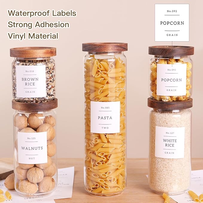 5 Set Glass Pantry Storage Jars with Acacia Airtight Lid - Thicken Glass Kitchen Canisters with 132 Pantry Labels - Clear Glass Food Storage Containers with Wood Lid for Tea,Sugar,Candy,Cookie,Pasta-CasaMuseHome