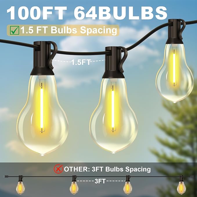100FT Outdoor String Lights Waterproof with 64+4 Bulbs (1.5FT Bulbs Spacing), Remote & Dimmer, Commercial Patio String Lights with 3 Mode Light & Timing, 100PC Mounting Ties for Outside-CasaMuseHome