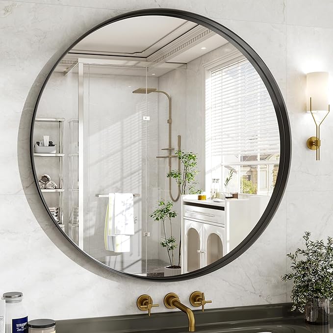 36 Inch Round Bathroom Mirror - Wall Mounted Circle Mirror with Metal Frame, Modern Mirror Suitable for Bathroom, Vanity, Entryway, Living Room, Wall Decor,Black-CasaMuseHome