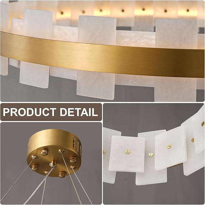 31.5" Natural Spanish Alabaster Round Chandelier, Adjustable Large Chandeliers for Living Room Over Table, Modern Luxury Alabaster Stone Chandelier for Drawing Room, Bedroom, Hallway, Foyer-CasaMuseHome