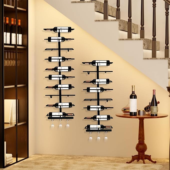16 Bottle Wall Mount Wine Rack with Wine Glass Holder, Metal Wine Wall Rack, Wall Racks for Wine Bottles Display and Storage, Hanging Bottle Organizer for Living Dining Room Wine Cellar Bar (Black)-CasaMuseHome
