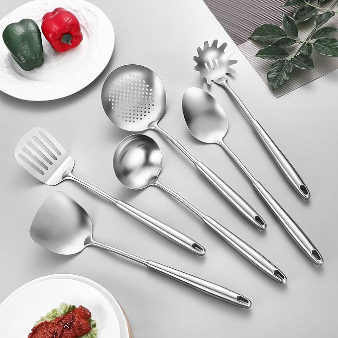 304 Stainless Steel Cooking Utensils,6 Pcs Kitchen Cooking Utensils Set with Spatula, Solid Spoon, Ladle, Skimmer, Spaghetti Spoon,Dishwasher Safe-CasaMuseHome
