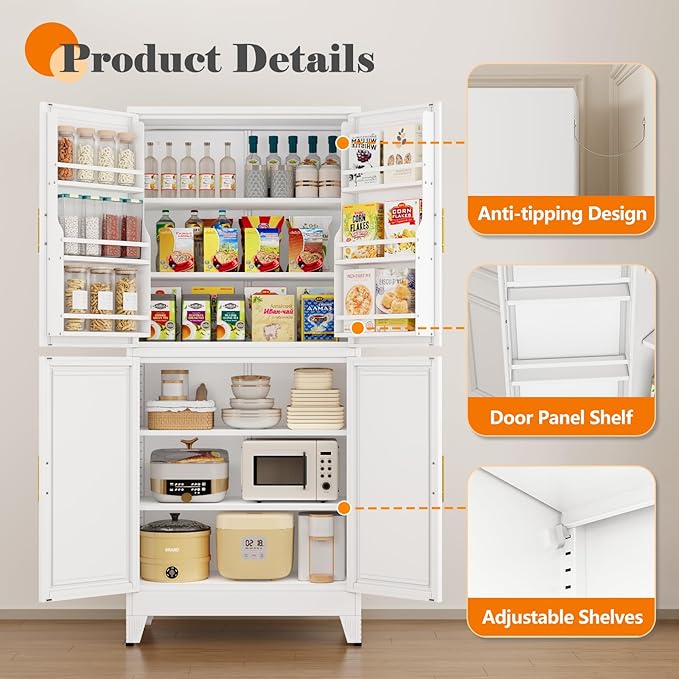 74.8" Tall Metal Food Cabinet, White Kitchen Pantry Cabinet, Storage Cabinets with 4 Door and 4 Adjustable Shelves, Steel Freestanding Cupboard for Kitchen Dining Room Living Room Bathroom-CasaMuseHome