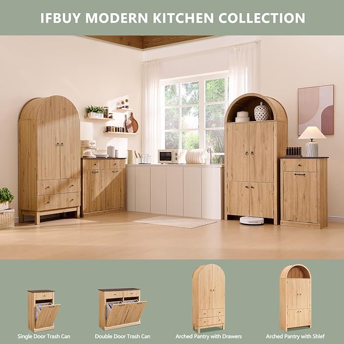 71" Tall Arched Bathroom Storage Cabinet, Modern Fluted Storage Cabinet w/Doors, 3 Adjustable Shelves, 6 Door Shelves, Wood Freestanding Cabinet for Bathroom, Entryway, Hallway, Natural-CasaMuseHome