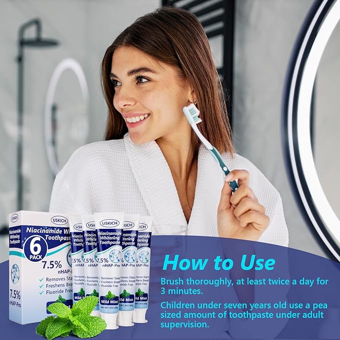 7.5% Nano Hydroxyapatite Toothpaste,6 Pack Fresh Breath Toothpaste for Remineralizing Enamel & Sensitive Relief,Whitening,Antiplaque,Natural Peppermint,Fluoride-Free-CasaMuseHome