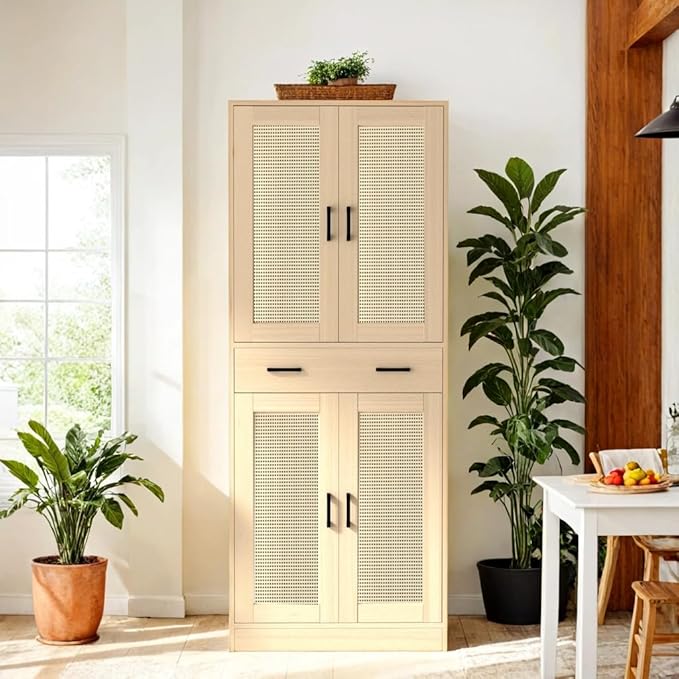 71" Tall Oak & Rattan Pantry Cabinet - Boho Chic Kitchen Storage with Doors & Drawer for Dining Room, Hallway or Kitchen Organization-CasaMuseHome