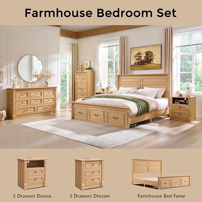 26" Tall Farmhouse Nightstand, 3 Drawers End Table w/Charging Station, 23.6" Wide Large Side Table w/Roman Column, Wood Rustic Sofa Table for Bedroom, Natrual-CasaMuseHome