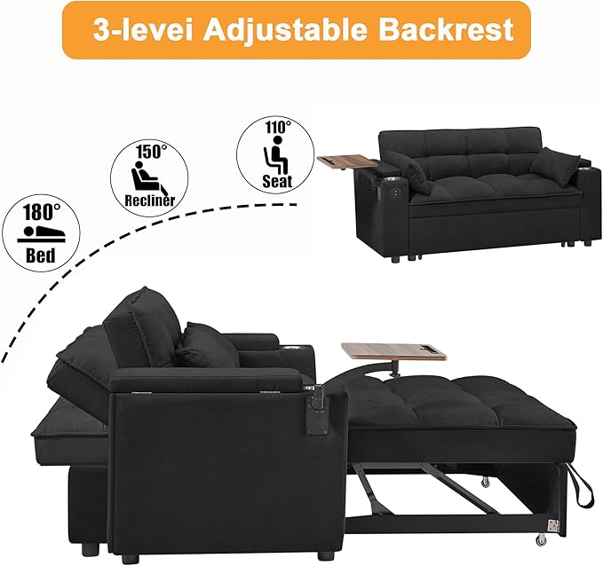 66" Multi-Functional Pull-Out Sofa Bed with Hidden Side Table, Storage Armrests, Built-in Charging Port, Spring Mattress, Solid Wood Frame – Ideal for Small Spaces, Easy Assembly-CasaMuseHome
