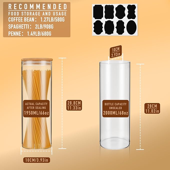 70oz Straight cylindrical Airtight Storage Jars with Bamboo Lid Set of 3 Storage Container Glass Jars, Kitchen Canister for Noodles, Pasta and Coffee beans (‎with Black Lable)-CasaMuseHome