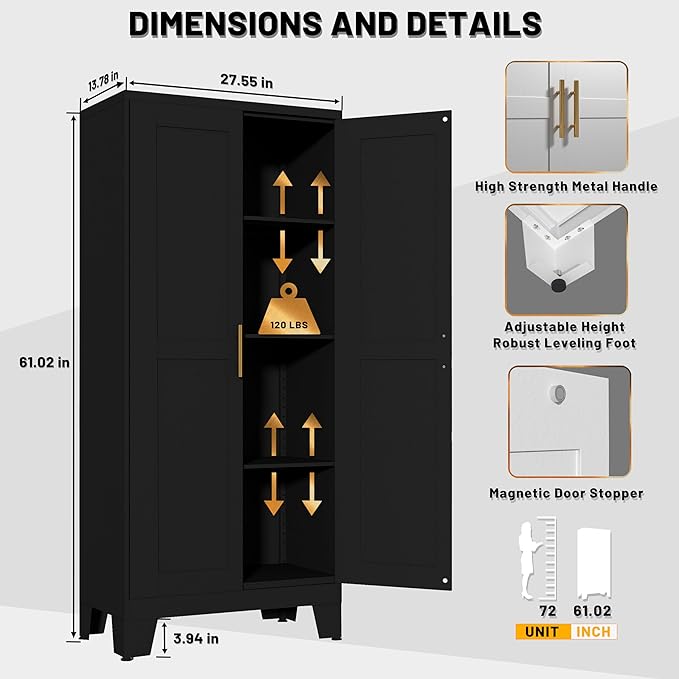 61" Balck Metal Kitchen Storage Cabinet, Kitchen Pantry Storage Cabinet with Doors and Shelves, Storage Cabinet with Adjustable Leveling Foot for Kitchen, Living Room and Dining Room-CasaMuseHome