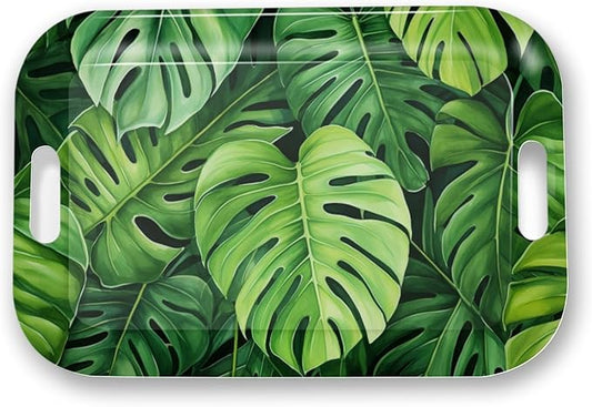 Serving Trays with Handles, 14.5 x 9.8 inch Rectangular Plastic Tray for Restaurant, Kitchen, Tropical Leaf Pattern Monstera in The Style-CasaMuseHome