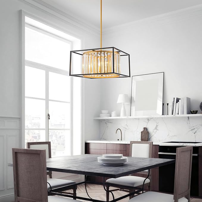 5-Lights K9 Crystal Chandelier, Modern Style Pendant Light Fixture for Dining Room, Bedroom & Living Room, Gold & Black Finish, L16.5 * W16.5 * H12~48 inch (Adjustable Height)-CasaMuseHome