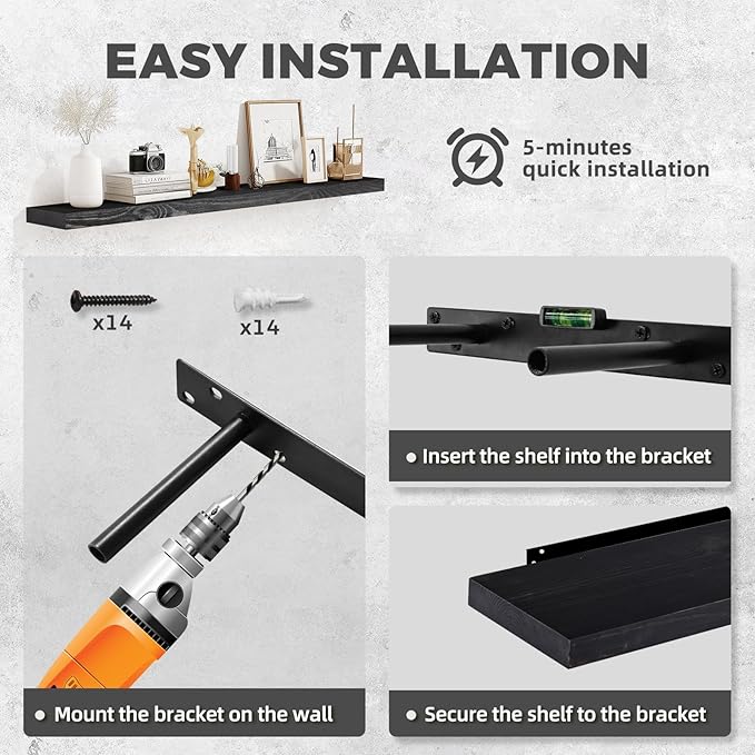 36"x6.8"x1.2" Solid Wood Floating Shelves 2-Pack - Rustic Black Finish with Hidden Brackets, Perfect for Storage and Décor in Living Room, Kitchen, Bedroom-CasaMuseHome