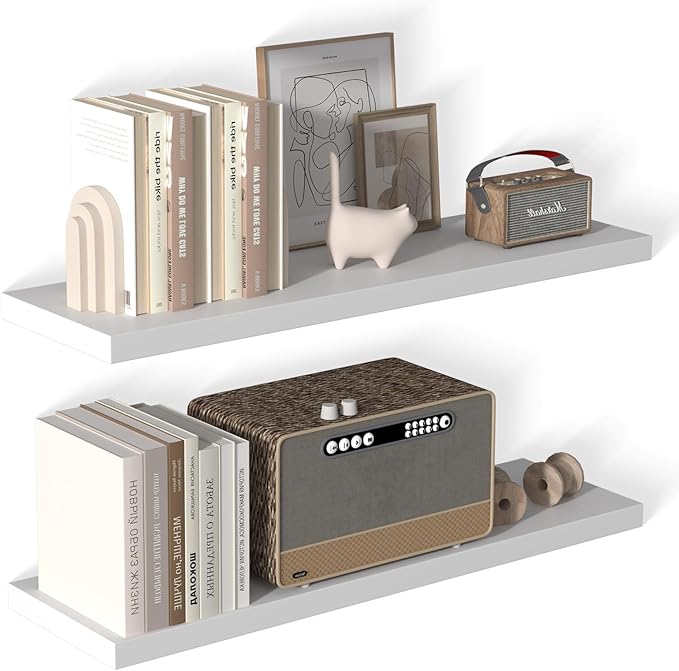 40 Inch Floating Shelf 2 Pack Large Floating Shelves for Wall No Drilling Accessories Included Deep Wall Shelves for Living Room Kitchen Farmhouse 40" W x 12" D x 1.2" White-CasaMuseHome